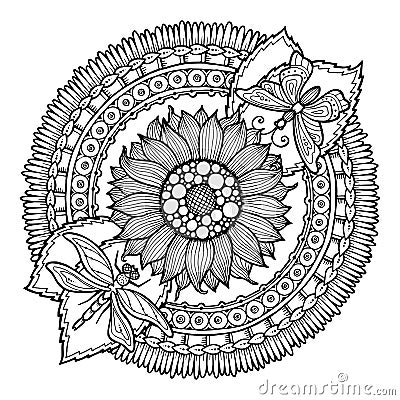 Circle summer doodle flower in mandala. Vector Illustration