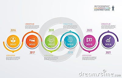 6 circle timeline infographic template business concept background. Vector can be used for workflow layout, diagram, number step Vector Illustration