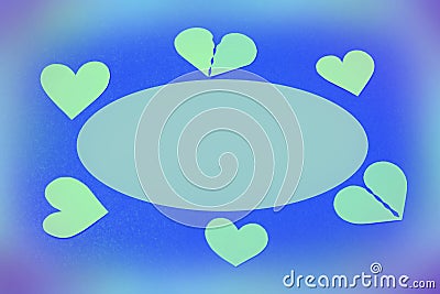 A circle of turquoise green hearts on a gently blue background Stock Photo