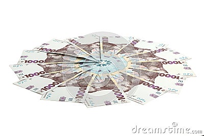 Circle of ukrainian money - thousand banknotes hryvnia Stock Photo