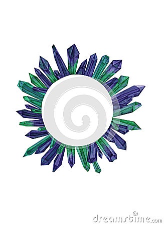 Circle of watercolor green and purple crystals Stock Photo