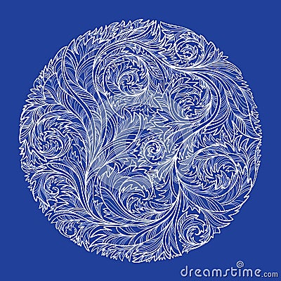 Circle with white lacy frosty pattern on blue background Vector Illustration