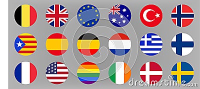 Circle world flags set. Europe, Australia and USA Vector Illustration