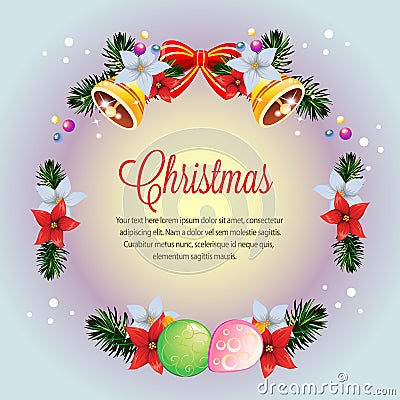 Circle wreath colorful christmas poinsettia card vector Vector Illustration