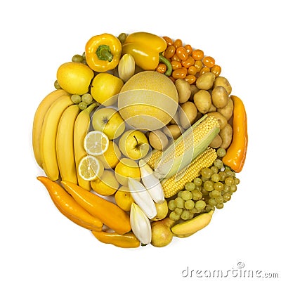 Circle of yellow fruits and vegetables Stock Photo