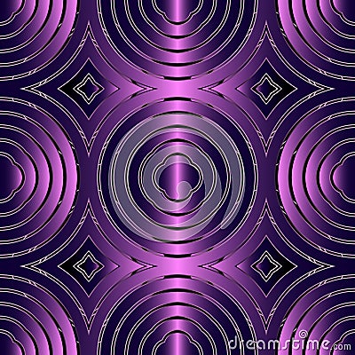 Circles abstract 3d vector seamless pattern. Geometric violet background. Modern symmetrical circle shapes backdrop Vector Illustration