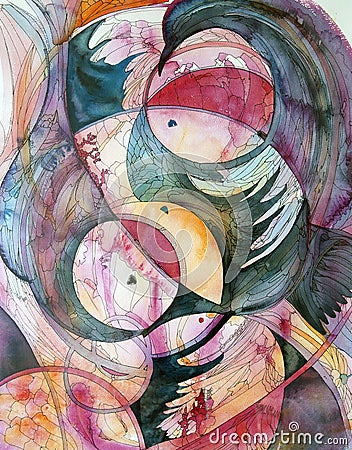 Circles and feathers - abstract watercolor and ink painting Stock Photo