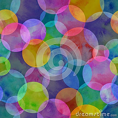Circles multi-colored neon watercolor seamless pattern. Abstract watercolour background with colorful circles on black Stock Photo