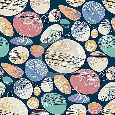 Circles and ovals with scribbles seamless pattern Vector Illustration