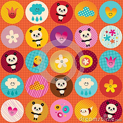 Circles pattern cute baby panda bears flowers clouds Vector Illustration