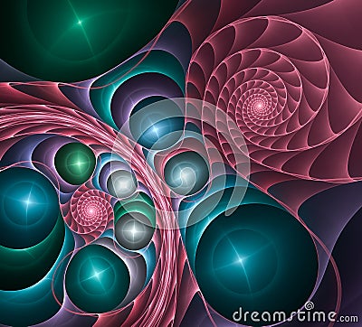 Circles, spirals, lights and partitions on a dark background. Bright abstract fractal background. Cartoon Illustration