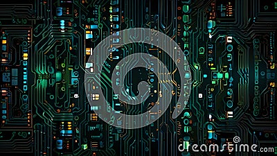 Circuit board background. CPU microchip, abstract conductor scheme and other circuit components. Stock Photo