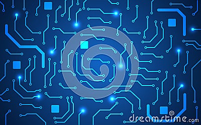 Circuit board. Blue tech background. Futuristic technology concept. Bright electronic connections. Modern motherboard Vector Illustration