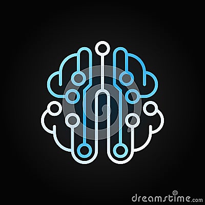 Circuit board brain blue vector outline icon on dark background Vector Illustration