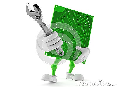 Circuit board character holding adjustable wrench Cartoon Illustration