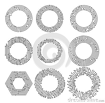 Circuit board circle frames. Abstract digital round frame, hardware board and electronic motherboard pattern vector set Vector Illustration