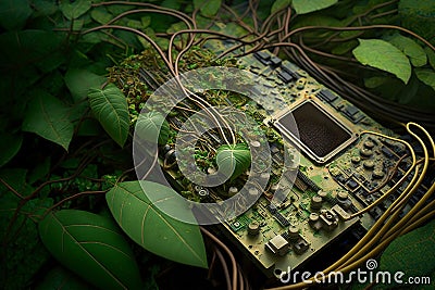 A circuit board covered in overgrowth. AI Stock Photo