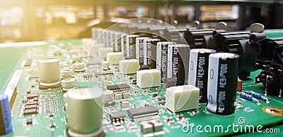 Circuit board with electronic components, Piece of electronic equipment such as microchips, capacitors, transistors, resistances Stock Photo