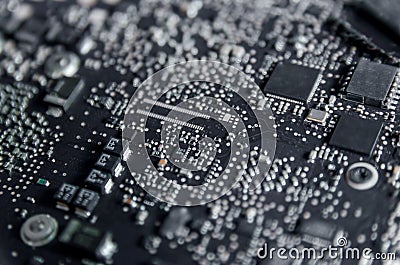 Circuit board and electronic computer hardware, Repair of electronic control panel, motherboard. Stock Photo