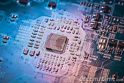 Circuit board. Electronic computer hardware technology. Motherboard digital chip. Tech science background. Integrated Editorial Stock Photo
