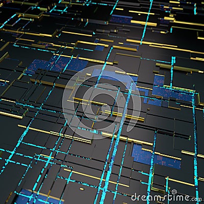 Circuit board futuristic server code processing. Angled view blue color technology black background. 3d Stock Photo