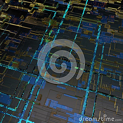 Circuit board futuristic server code processing. Angled view blue color technology black background. 3d Stock Photo