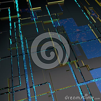 Circuit board futuristic server code processing. Angled view blue color technology black background. 3d Stock Photo