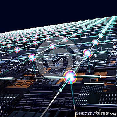 Circuit board futuristic server code processing. Angled view multicolor technology black background. 3d Stock Photo