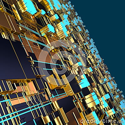 Circuit board futuristic server code processing. Angled view multicolor technology black background. 3d Stock Photo