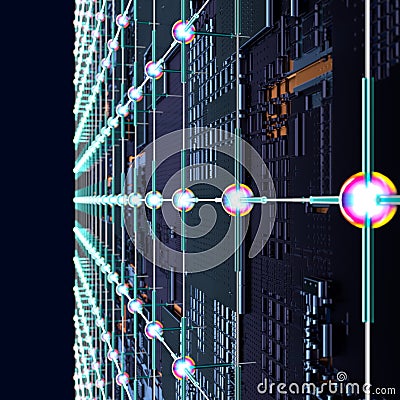 Circuit board futuristic server code processing. Angled view multicolor technology black background. 3d Stock Photo