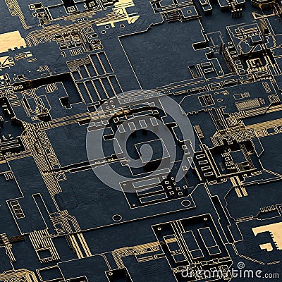 Circuit board futuristic server code processing. Gold and black technology background. 3d rendering Stock Photo