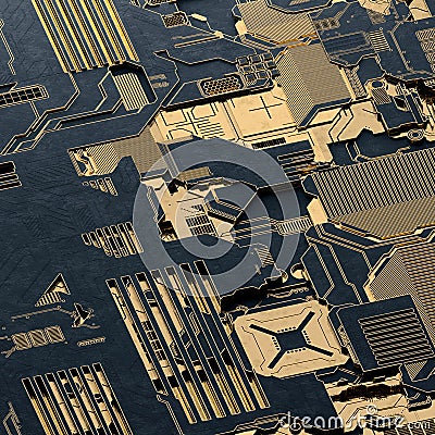 Circuit board futuristic server code processing. Gold and black technology background. 3d rendering Stock Photo