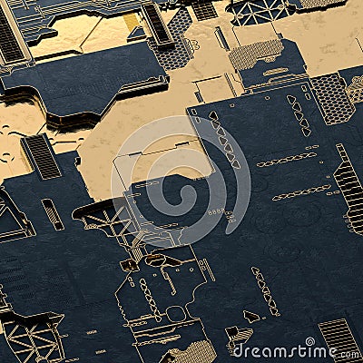 Circuit board futuristic server code processing. Gold and black technology background. 3d rendering Stock Photo