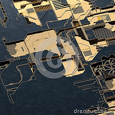 Circuit board futuristic server code processing. Gold and black technology background. 3d rendering Stock Photo
