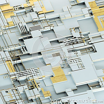 Circuit board futuristic server code processing. Gold and white technology background. 3d rendering Stock Photo