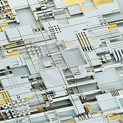 Circuit board futuristic server code processing. Gold and white technology background. 3d rendering Stock Photo