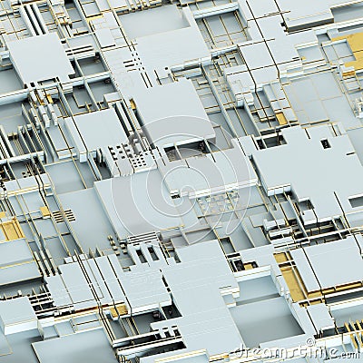 Circuit board futuristic server code processing. Gold and white technology background. 3d rendering Stock Photo