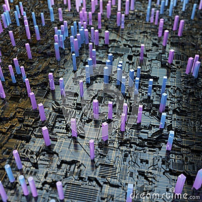 Circuit board futuristic server code processing. Multicolor technology background. 3d rendering Stock Photo