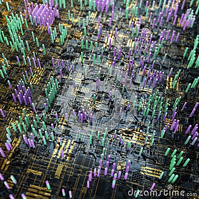 Circuit board futuristic server code processing. Multicolor technology background. 3d rendering Stock Photo