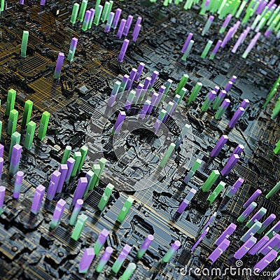 Circuit board futuristic server code processing. Multicolor technology background. 3d rendering Stock Photo