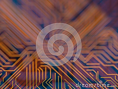 Circuit board futuristic server code processing. Orange, blue technology background with bokeh. 3d Illustration Stock Photo