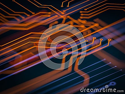 Circuit board futuristic server code processing. Orange, green, blue technology background with bokeh. 3d Illustration Stock Photo