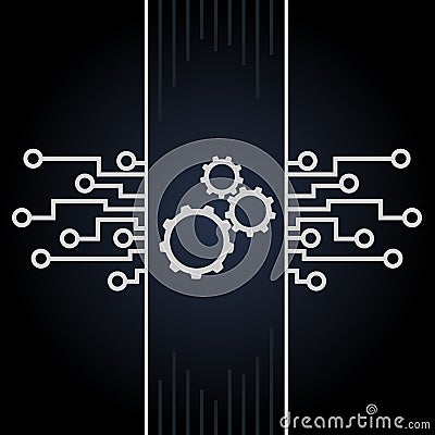 Circuit board and gears vector on black background. Motherboard and computer design Vector Illustration