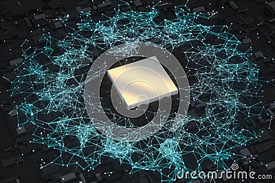 Circuit board with glowing cube and lines, 3d rendering Cartoon Illustration