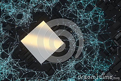 Circuit board with glowing cube and lines, 3d rendering Cartoon Illustration