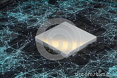 Circuit board with glowing cube and lines, 3d rendering Cartoon Illustration