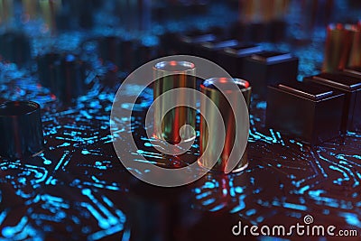 Circuit board with luminous tracks. Encoded data. Computer chip over circuit background. Scintific background. 3D Stock Photo