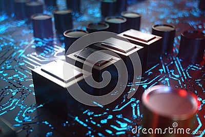 Circuit board with luminous tracks. Encoded data. Computer chip over circuit background. Scintific background. 3D Stock Photo