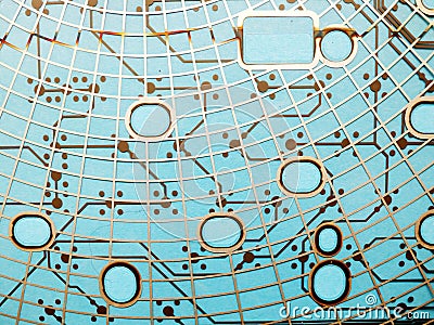 Circuit board made of plastic with circuit traces on blue background. The concept of technology, computing, electronics Stock Photo