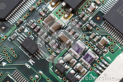 Circuit board with resistors and microprocessors Stock Photo